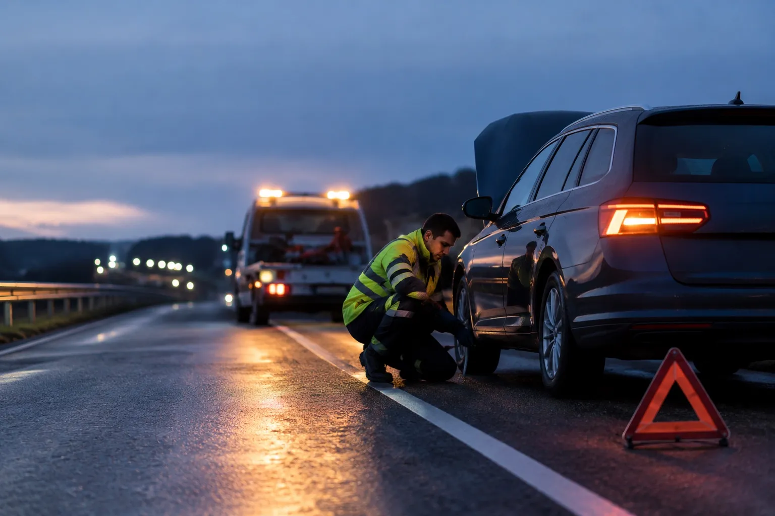 Profissional prestando assistência a um carro parado em uma rodovia.