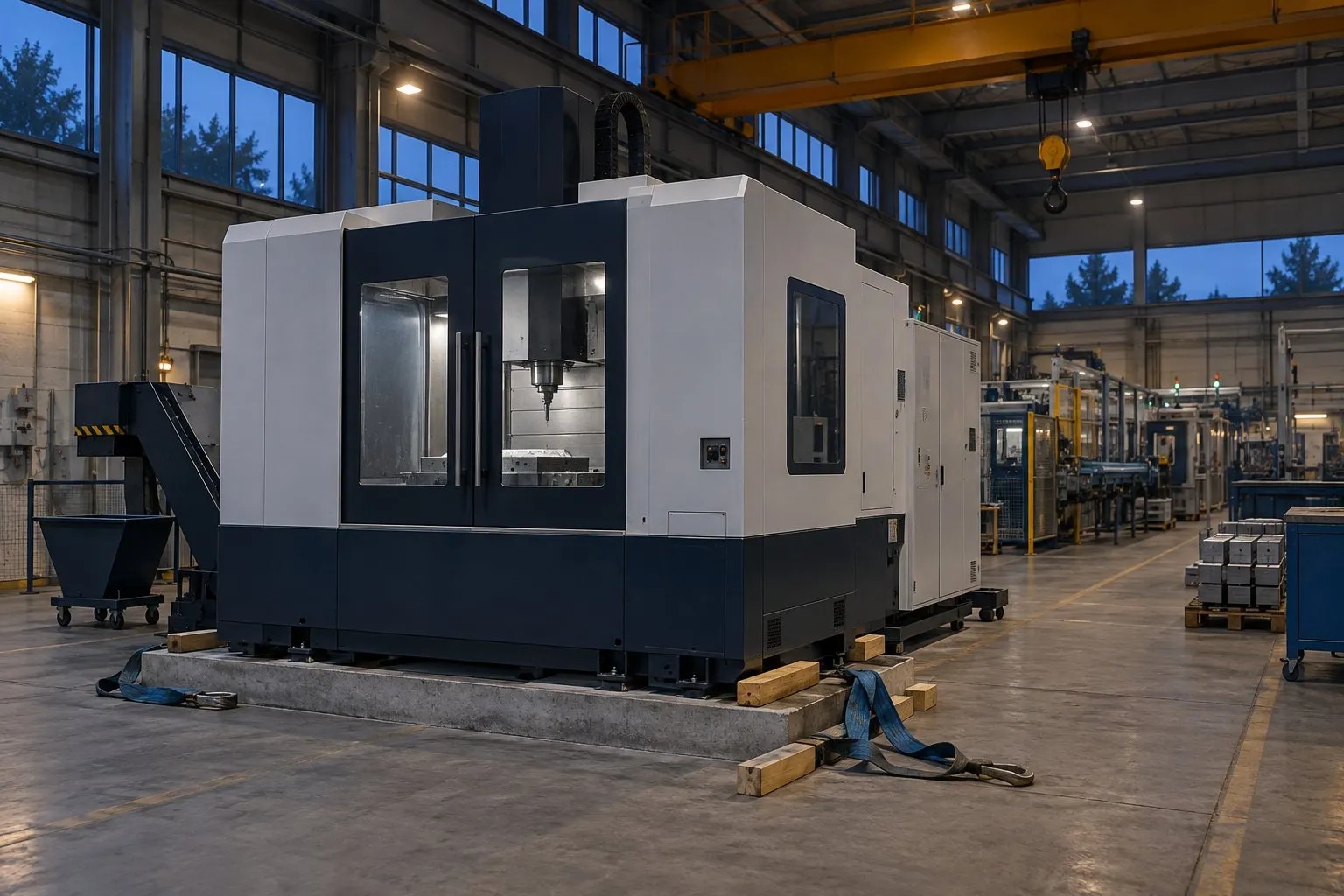 Centro de usinagem recém-assentado sobre a base de concreto, com calços de madeira e cintas de içamento, em um pavilhão industrial com a linha em operação ao fundo.