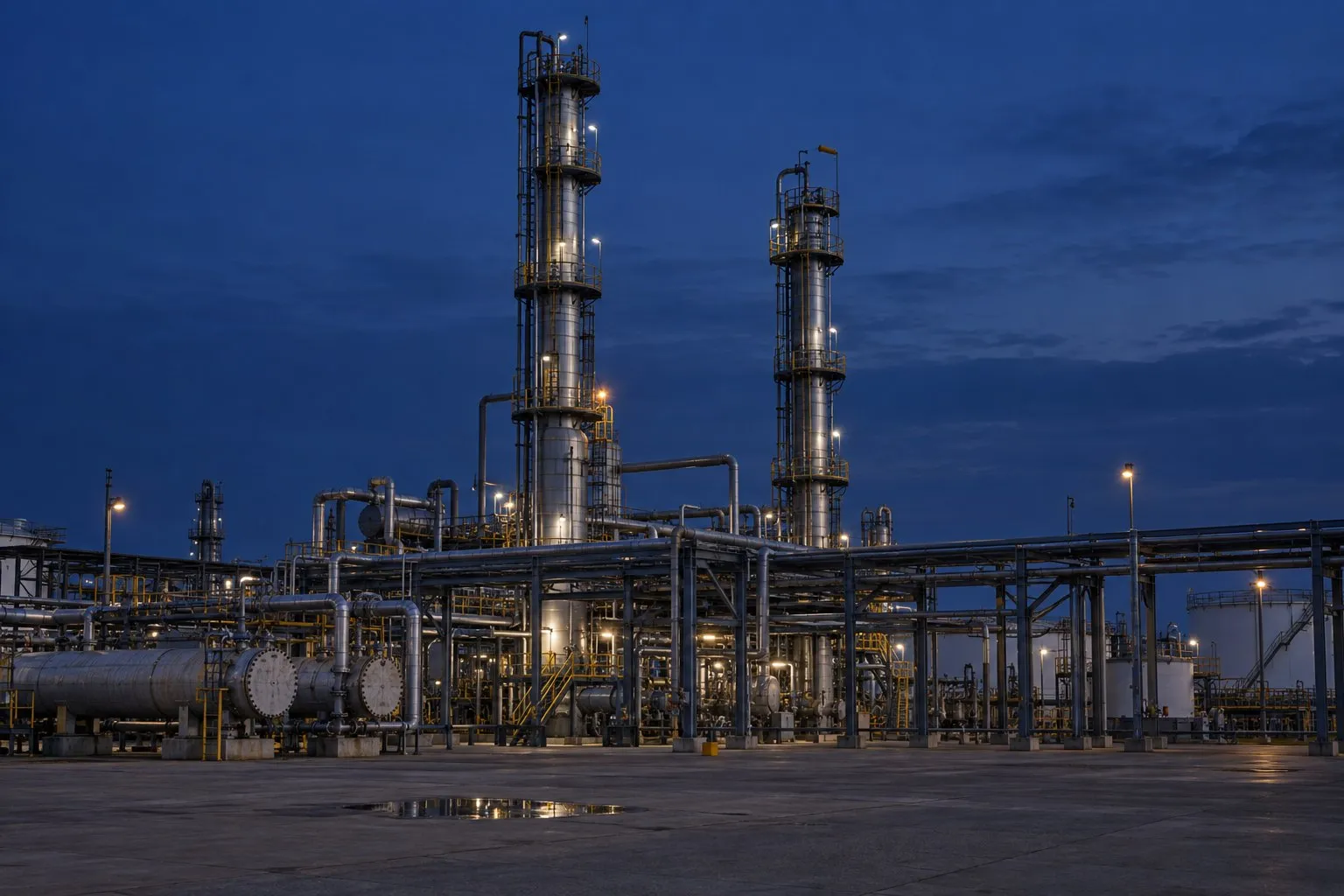 Torres de destilação, rack de tubulação e trocadores de calor de uma planta petroquímica ao anoitecer.