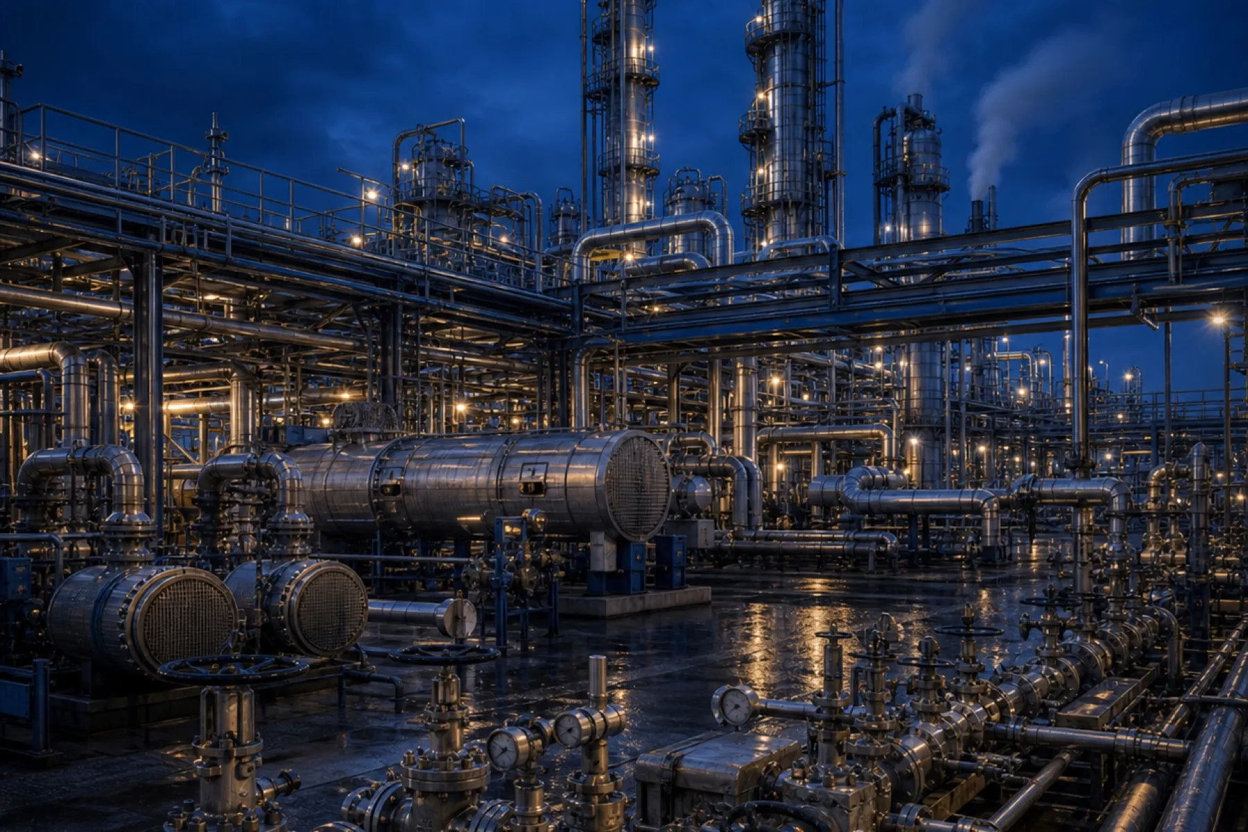 Tubulação, válvulas e torres de destilação de uma planta petroquímica iluminadas ao anoitecer.