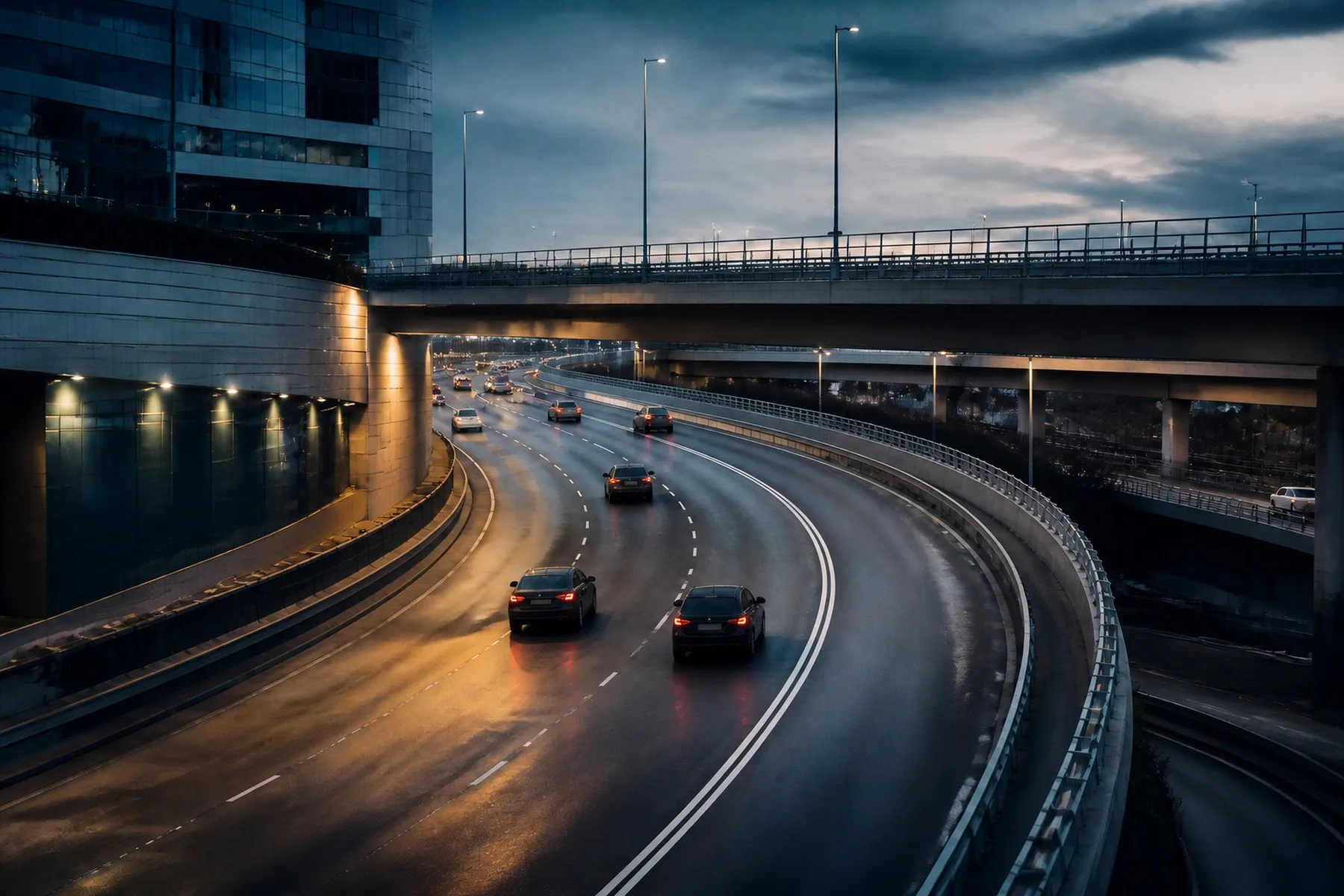 Via expressa urbana ao anoitecer, com carros circulando sob um viaduto.
