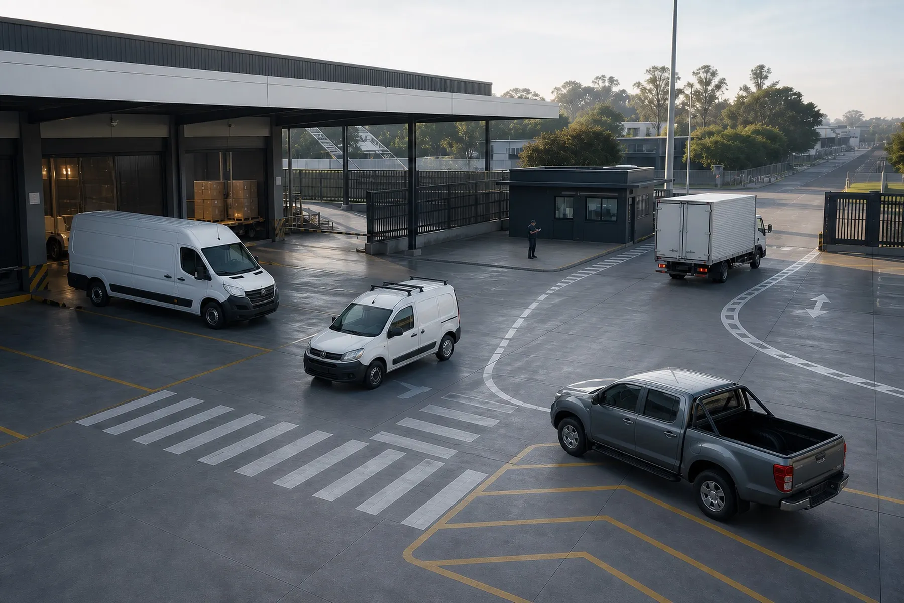 Pátio de uma empresa com furgão, van, caminhão-baú e picape estacionados.
