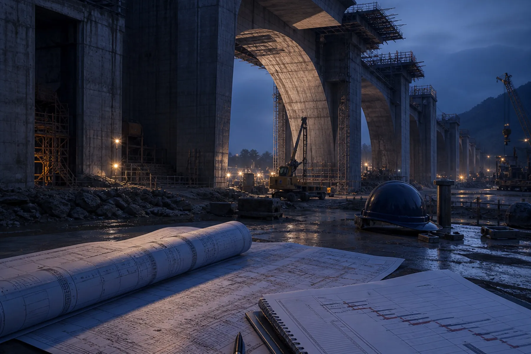 Projetos e caderno de anotações sobre a mesa de um canteiro, com um viaduto de concreto em construção ao fundo.