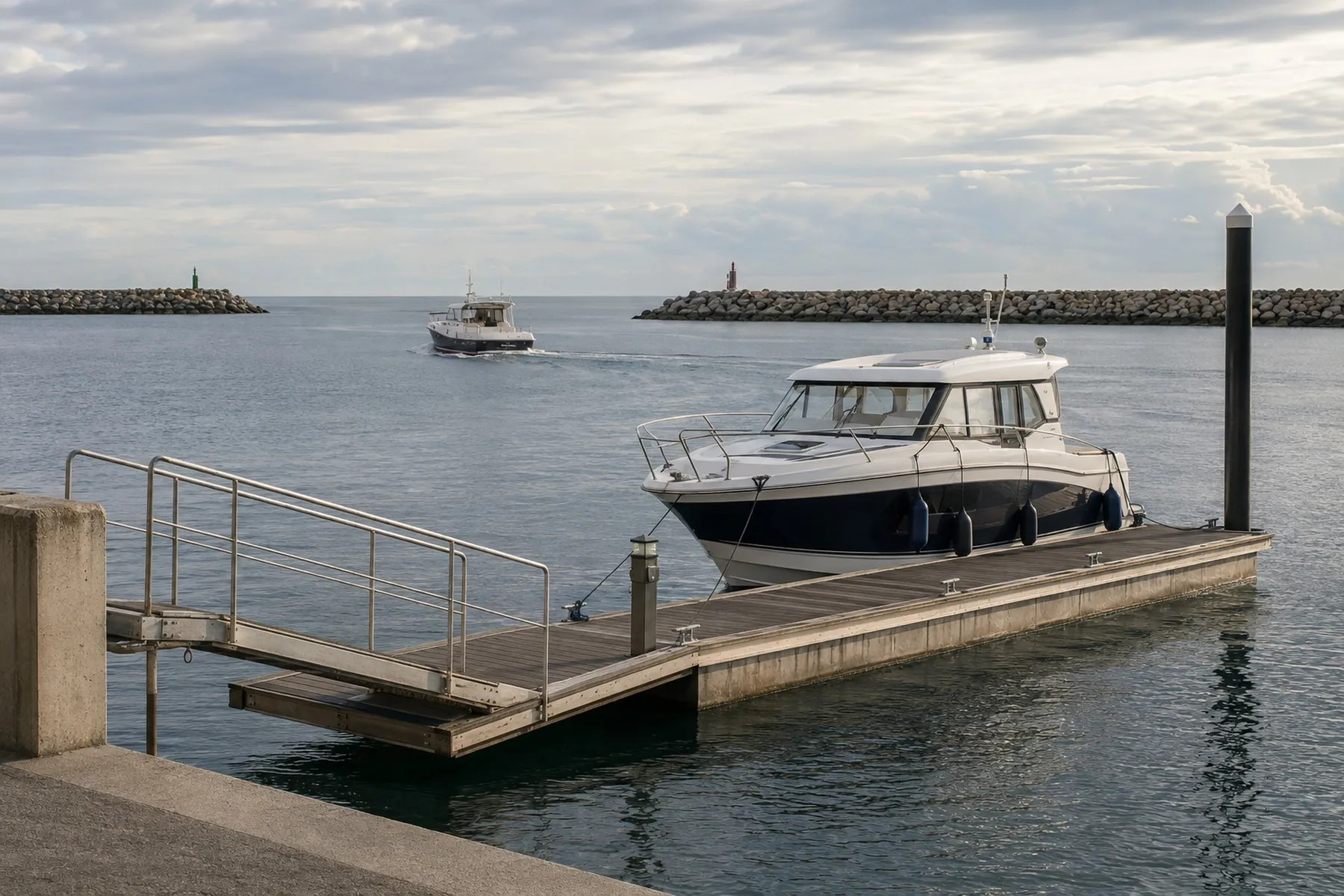 Lancha atracada em um flutuante, com outra embarcação saindo pelo canal ao fundo.